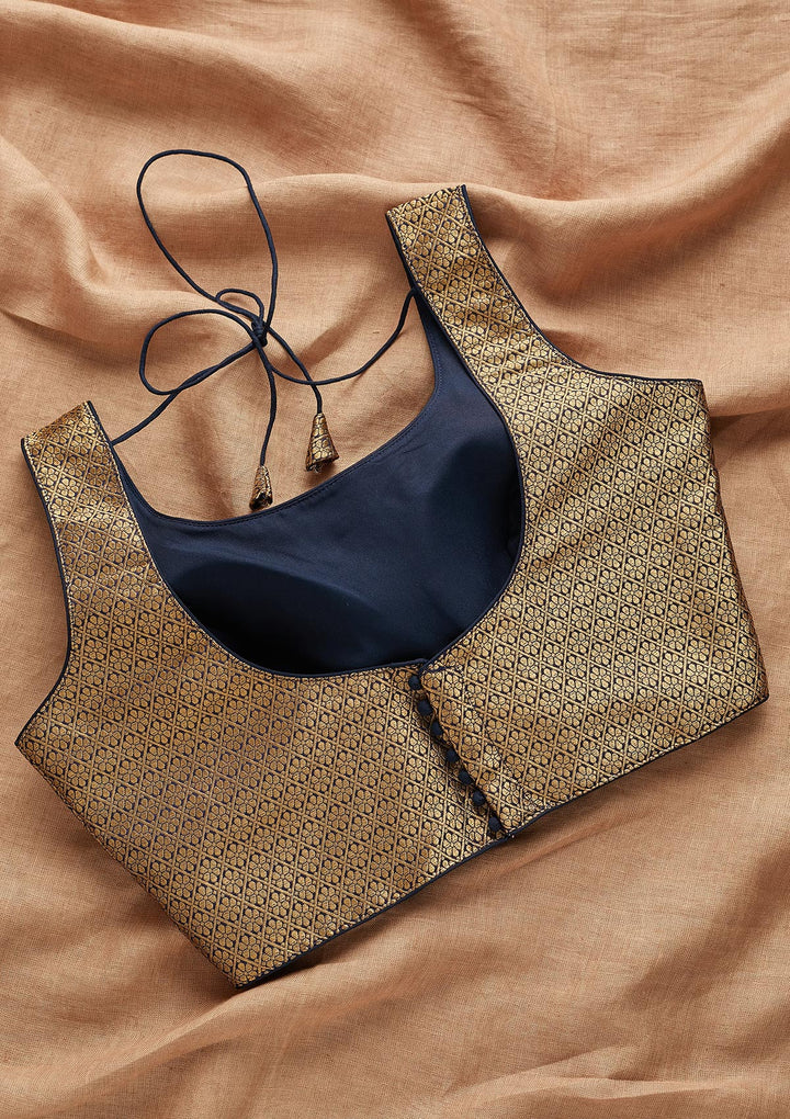 Navy Blue Zariwork Brocade Blouse - Koskii