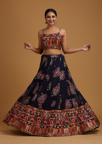 Navy Blue Chikankari Georgette Designer Lehenga - koskii