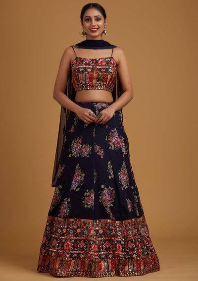 Navy Blue Chikankari Georgette Designer Lehenga - koskii
