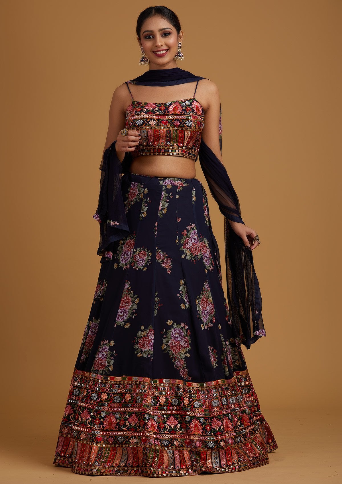 Navy Blue Chikankari Georgette Designer Lehenga - koskii