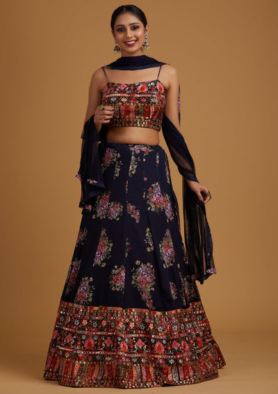 Navy Blue Chikankari Georgette Designer Lehenga - koskii