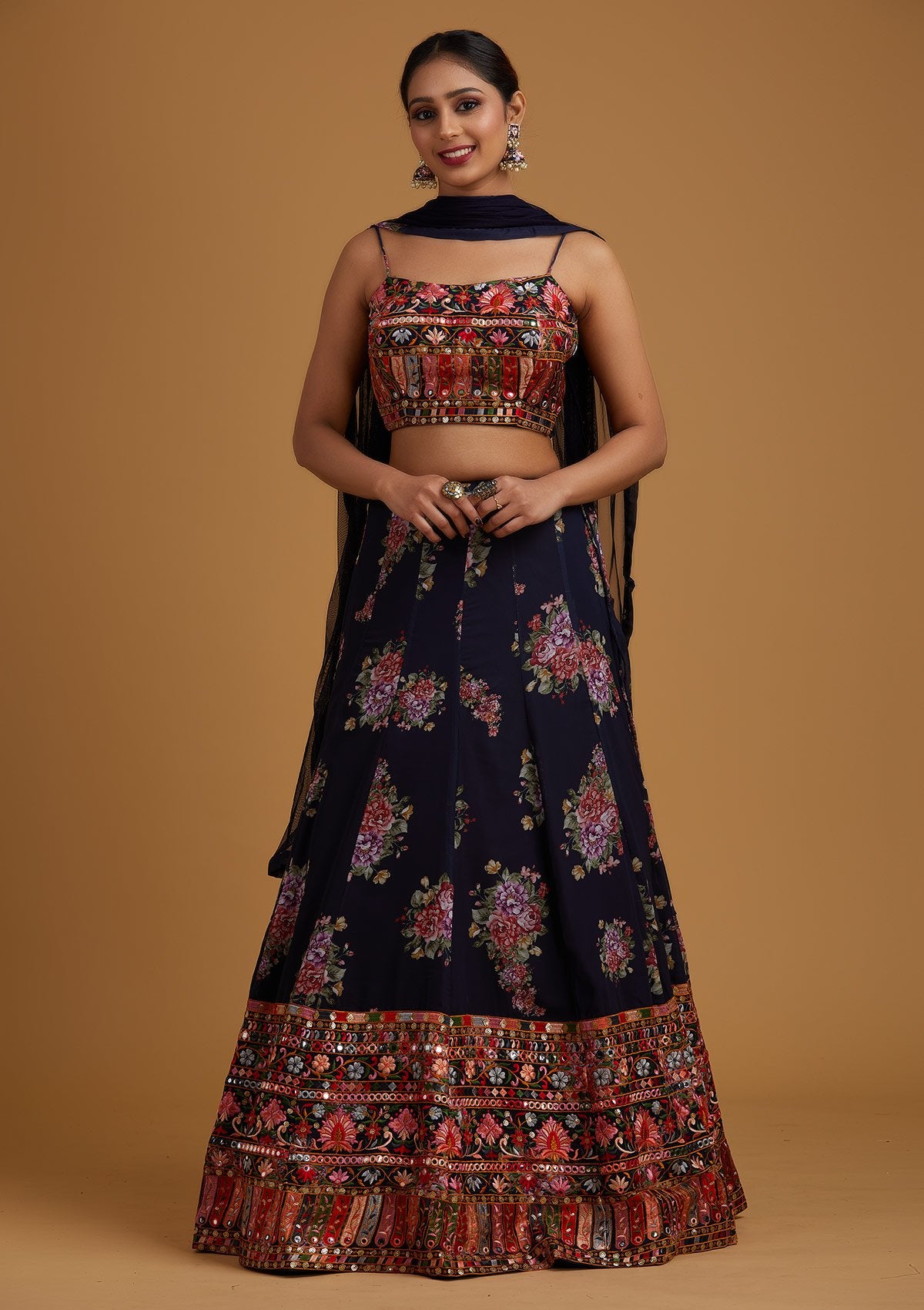 Navy Blue Chikankari Georgette Designer Lehenga - koskii