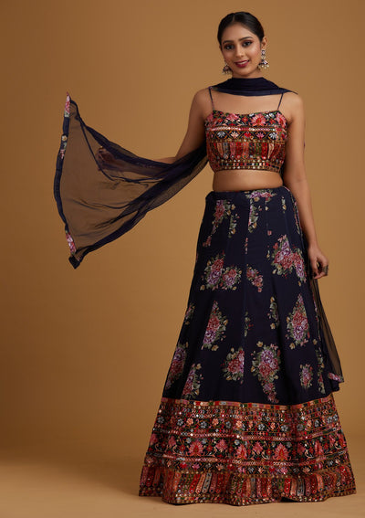 Navy Blue Chikankari Georgette Designer Lehenga - koskii