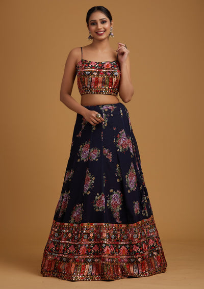 Navy Blue Chikankari Georgette Designer Lehenga - koskii