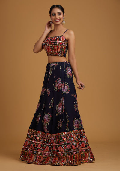 Navy Blue Chikankari Georgette Designer Lehenga - koskii