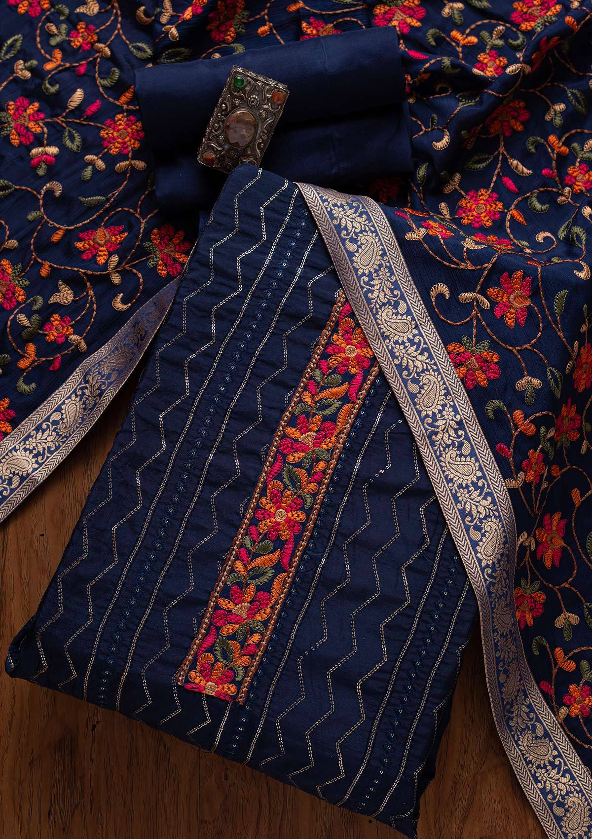 Navy Blue Chikankari Semi Crepe Designer Unstitched Salwar Suit - koskii