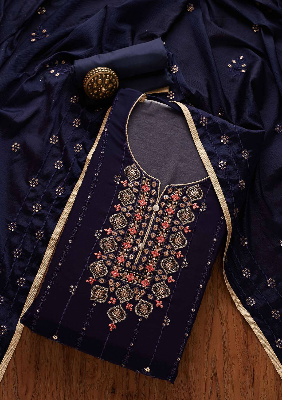 Navy Blue Cutdana Georgette Designer Semi-Stitched Salwar Suit - Koskii