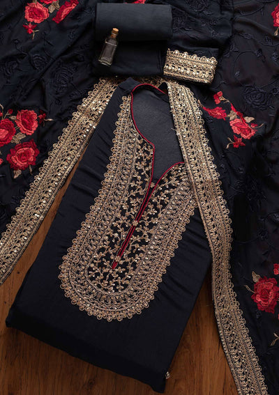 Navy Blue Cutdana Semi Crepe Designer Semi-Stitched Salwar Suit - koskii
