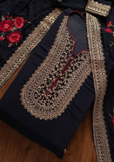 Navy Blue Cutdana Semi Crepe Designer Semi-Stitched Salwar Suit - koskii