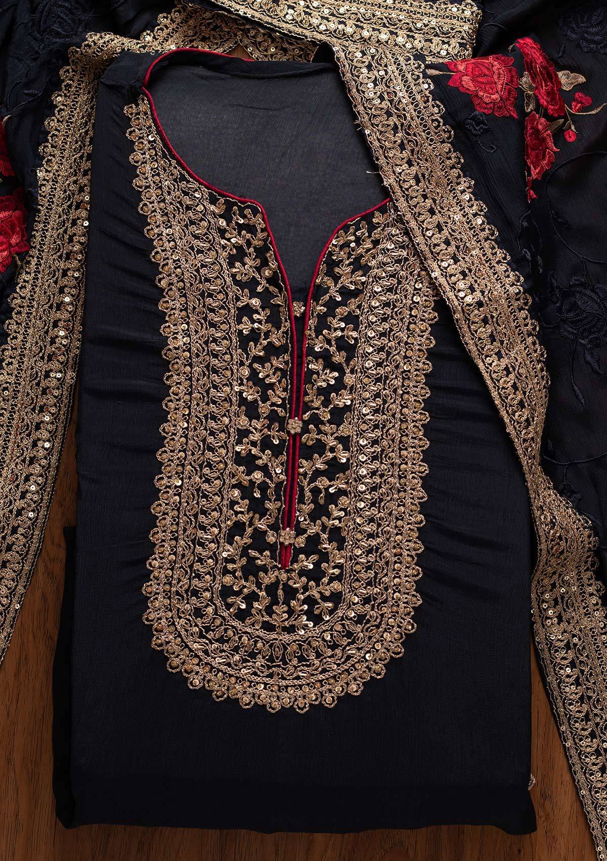 Navy Blue Cutdana Semi Crepe Designer Semi-Stitched Salwar Suit - koskii