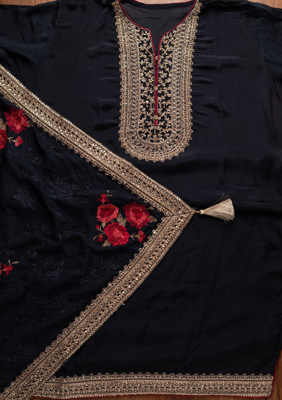Navy Blue Cutdana Semi Crepe Designer Semi-Stitched Salwar Suit - koskii
