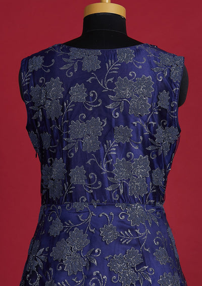 Navy Blue Glitter Net Designer Gown - Koskii