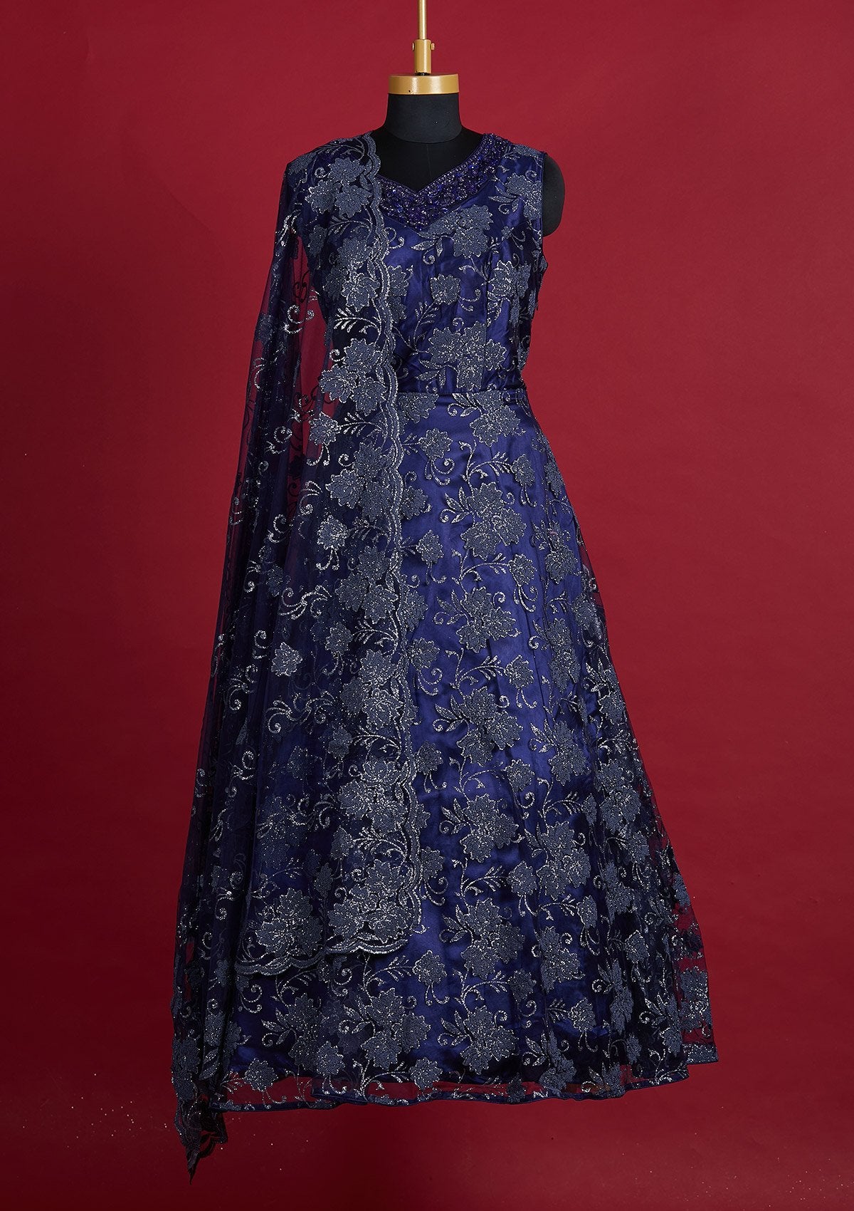 Navy Blue Glitter Net Designer Gown - Koskii
