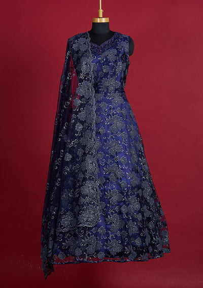 Navy Blue Glitter Net Designer Gown - Koskii