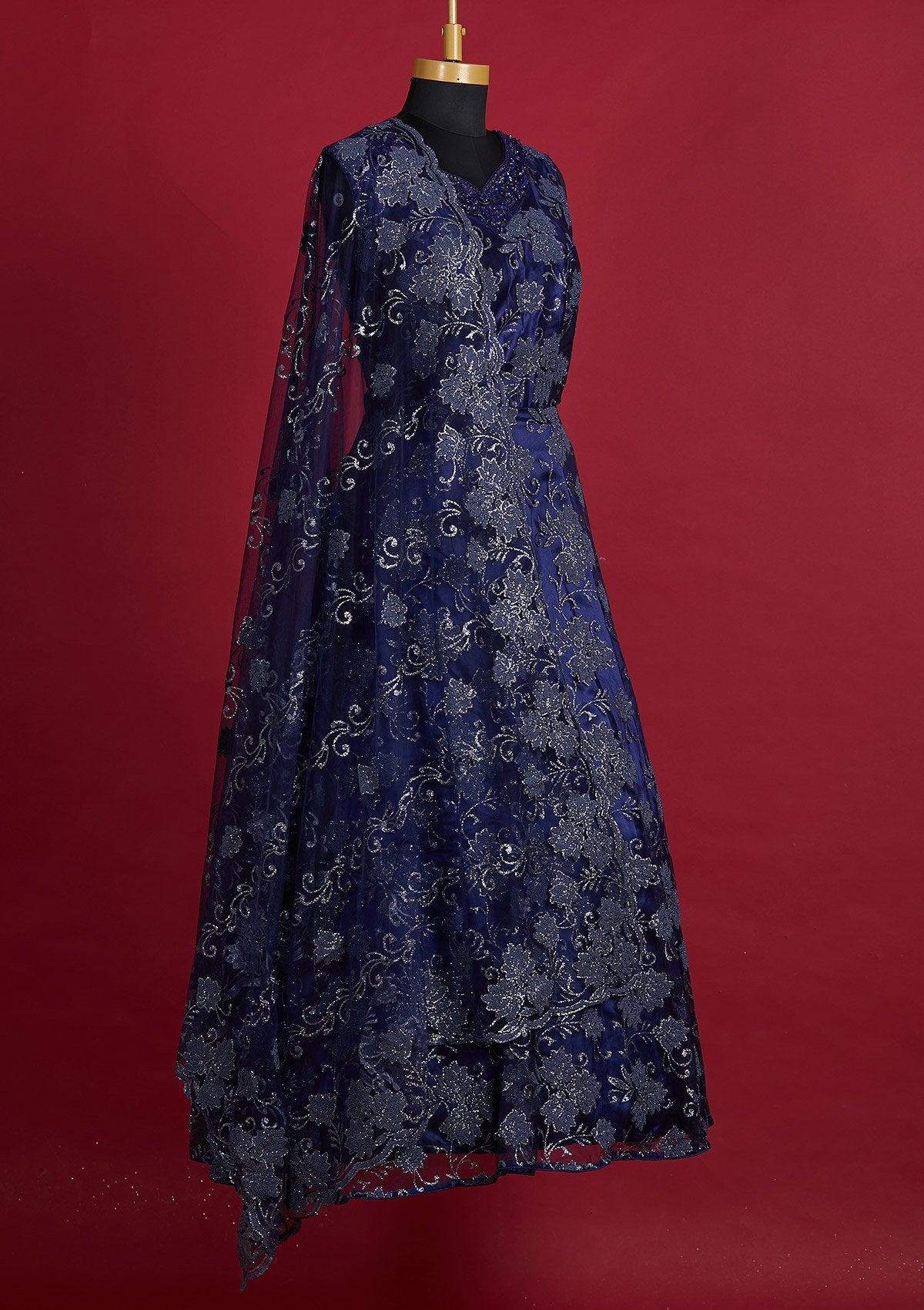 Navy Blue Glitter Net Designer Gown - Koskii