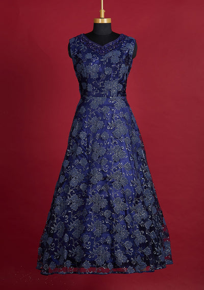 Navy Blue Glitter Net Designer Gown - Koskii