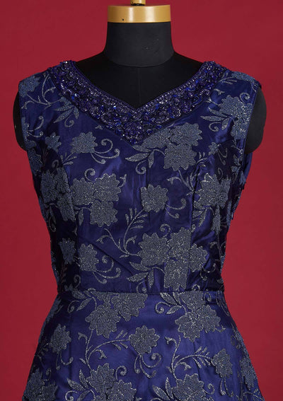 Navy Blue Glitter Net Designer Gown - Koskii