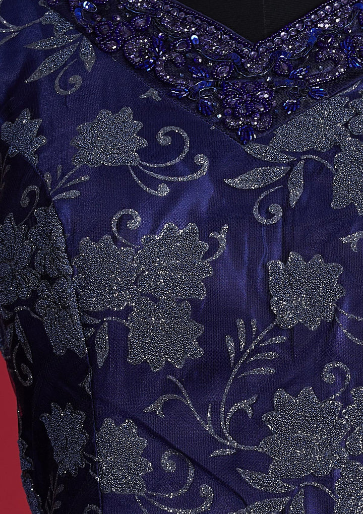 Navy Blue Glitter Net Designer Gown - Koskii