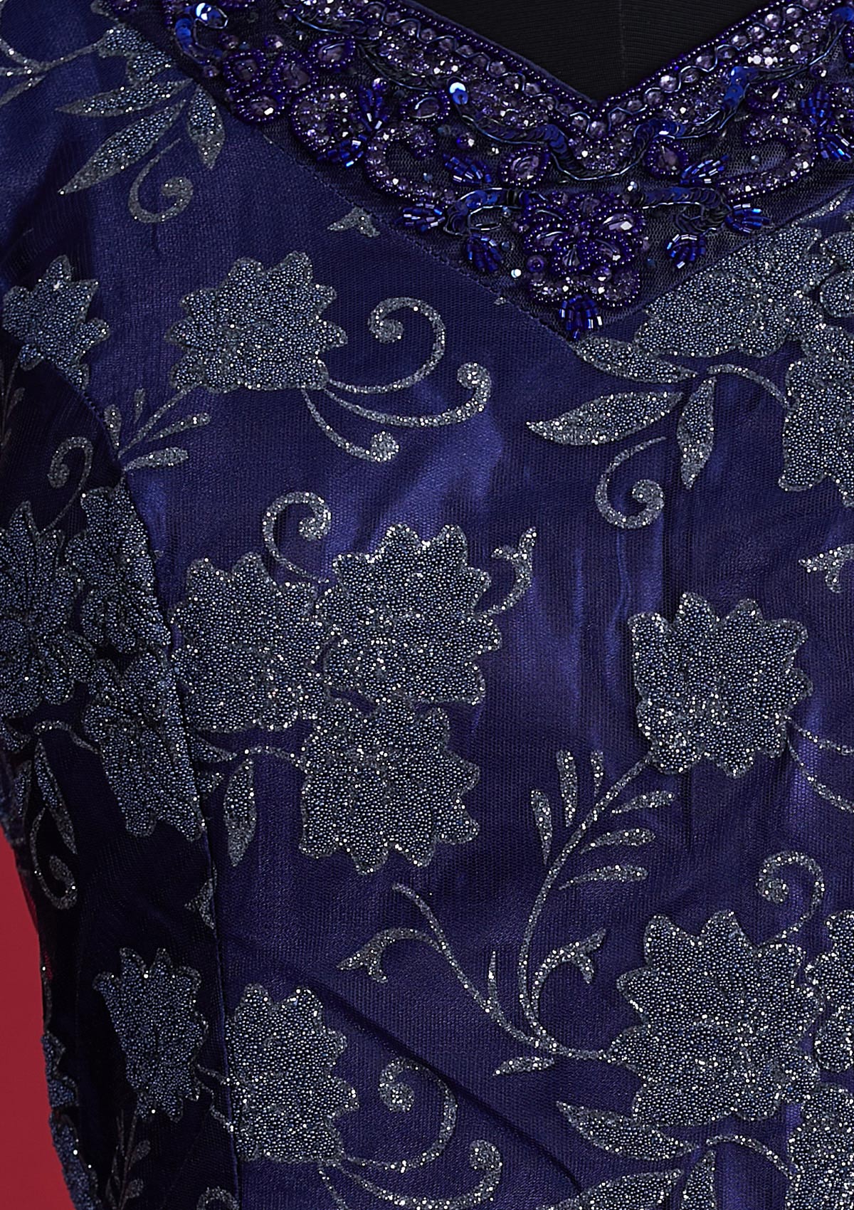 Navy Blue Glitter Net Designer Gown - Koskii