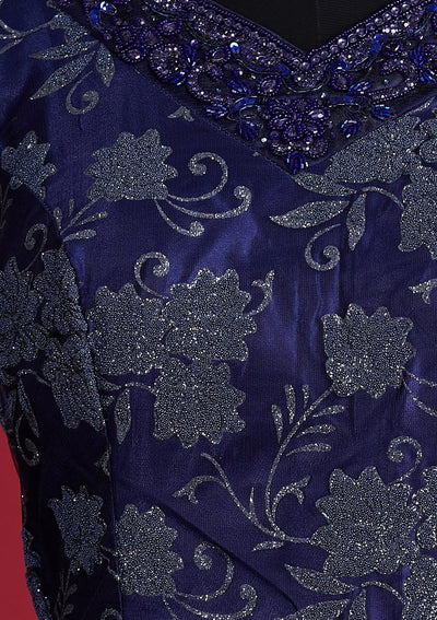 Navy Blue Glitter Net Designer Gown - Koskii