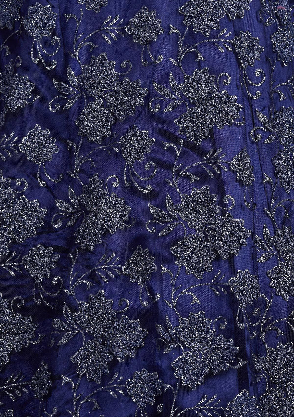 Navy Blue Glitter Net Designer Gown - Koskii