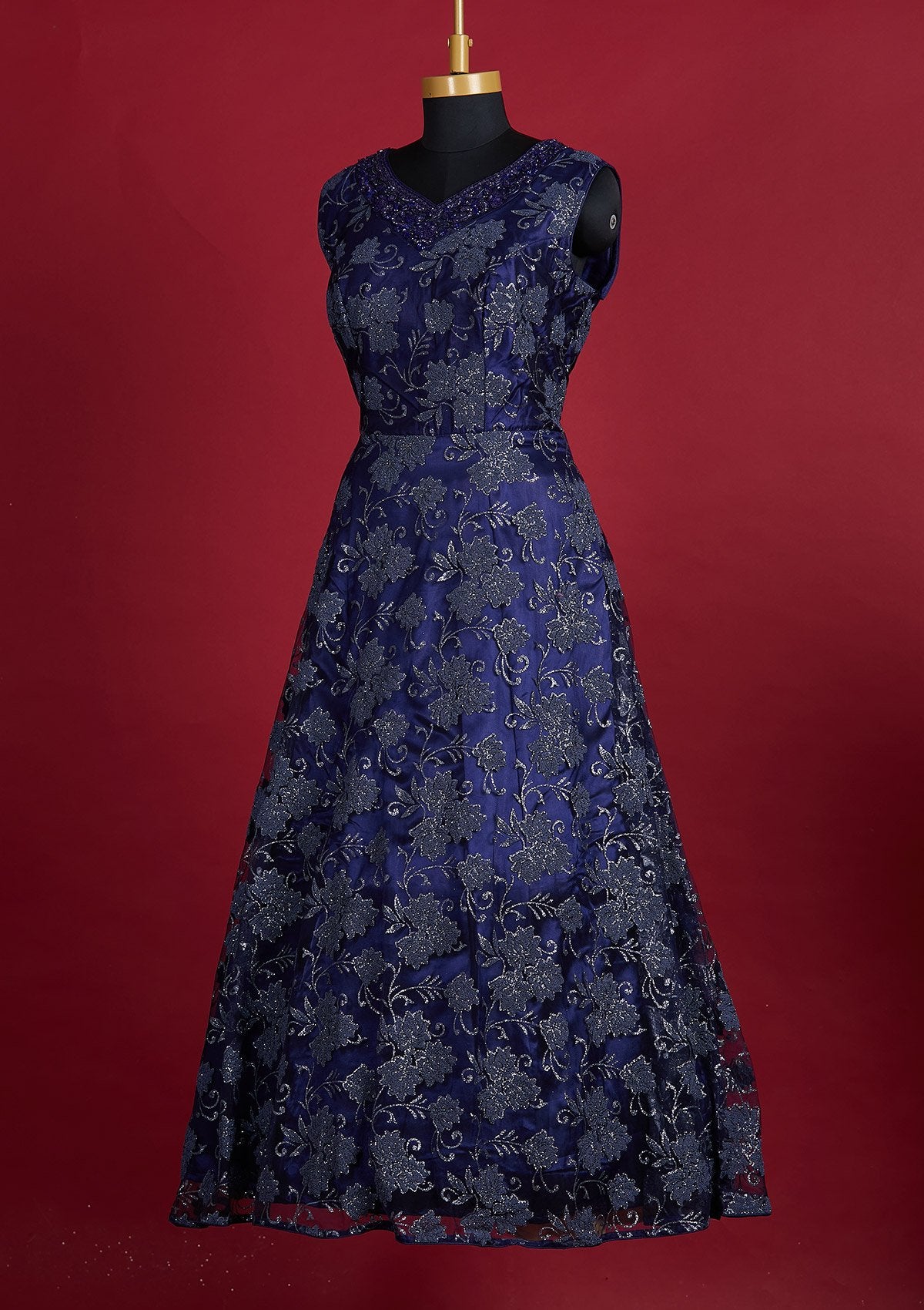 Navy Blue Glitter Net Designer Gown - Koskii