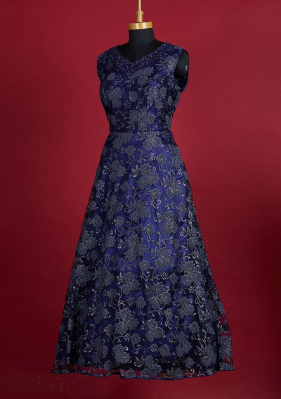 Navy Blue Glitter Net Designer Gown - Koskii