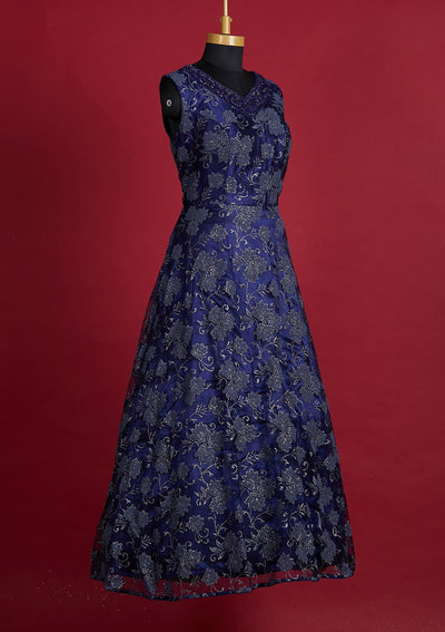 Navy Blue Glitter Net Designer Gown - Koskii