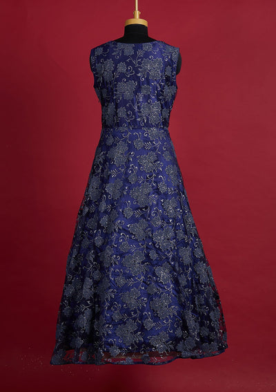 Navy Blue Glitter Net Designer Gown - Koskii