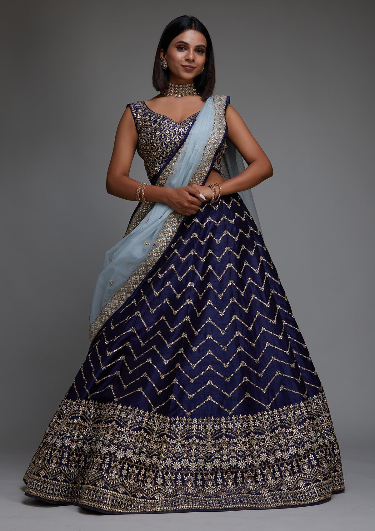 Navy Blue Gotapatti Raw Silk Designer Lehenga- Koskii