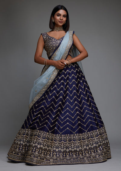 Navy Blue Gotapatti Raw Silk Designer Lehenga- Koskii
