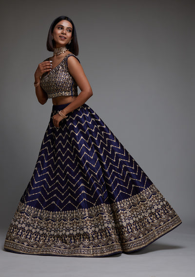 Navy Blue Gotapatti Raw Silk Designer Lehenga - Koskii