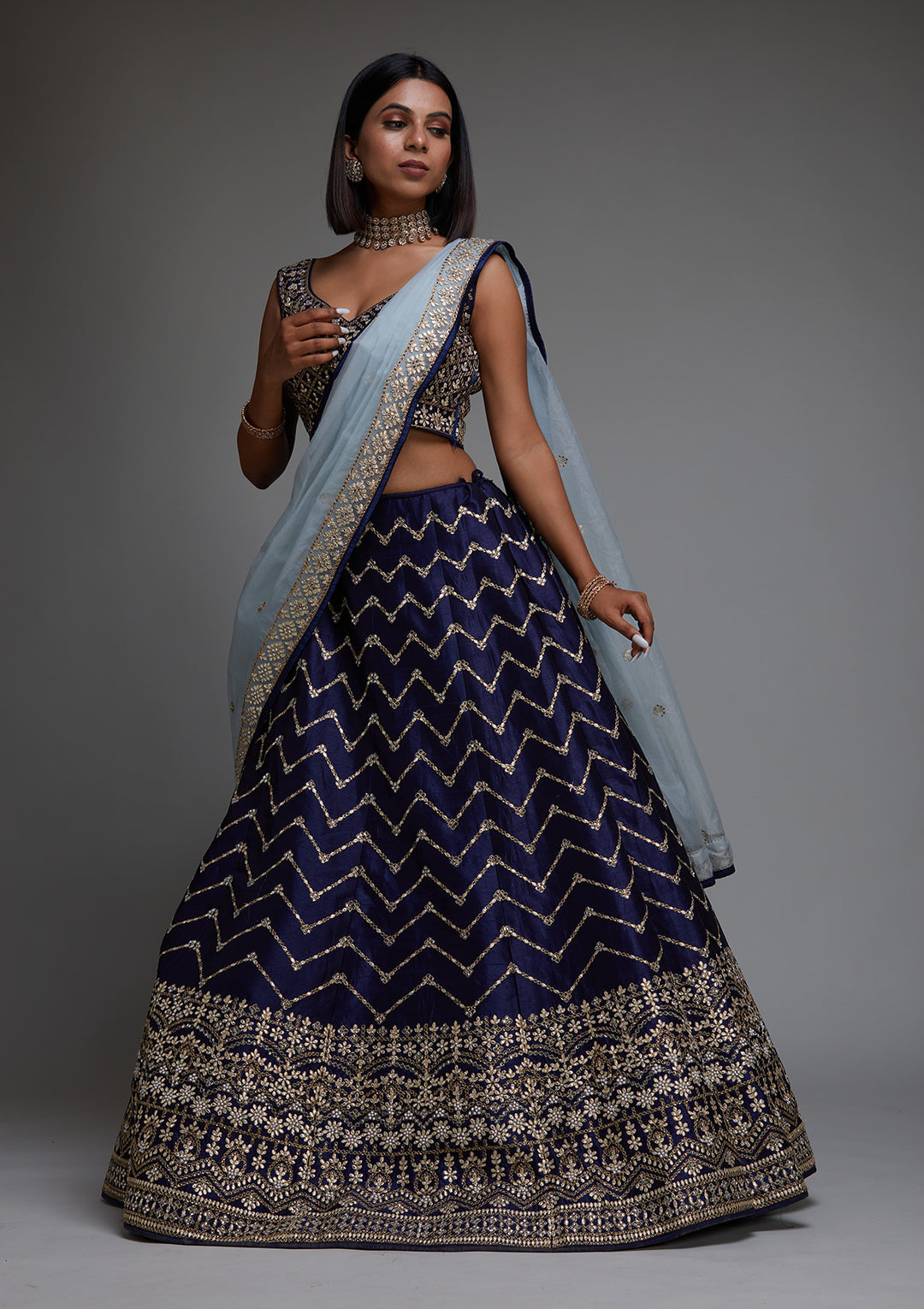 Navy Blue Gotapatti Raw Silk Designer Lehenga - Koskii