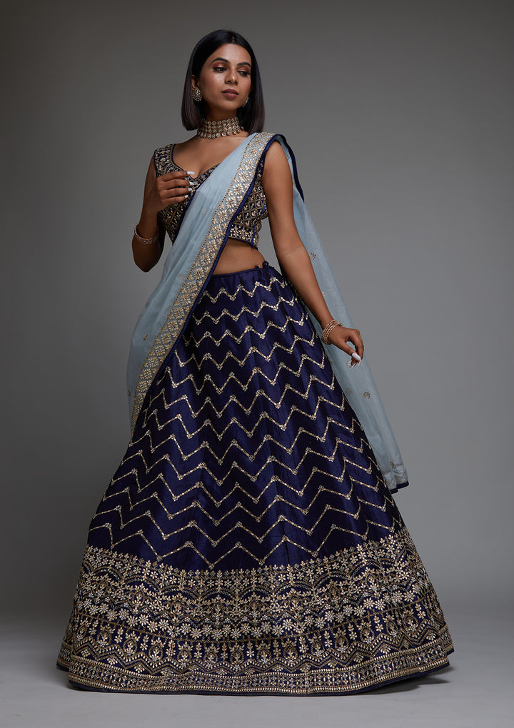 Navy Blue Gotapatti Raw Silk Designer Lehenga - Koskii