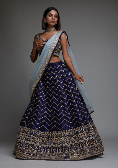 Navy Blue Gotapatti Raw Silk Designer Lehenga - Koskii