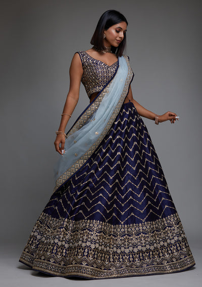 Navy Blue Gotapatti Raw Silk Designer Lehenga - Koskii