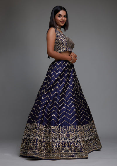 Navy Blue Gotapatti Raw Silk Designer Lehenga - Koskii