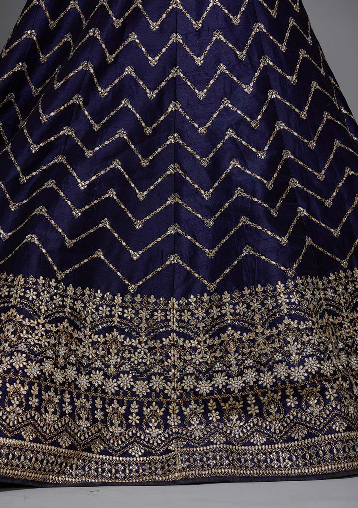 Navy Blue Gotapatti Raw Silk Designer Lehenga - Koskii