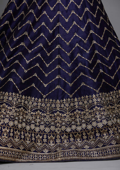 Navy Blue Gotapatti Raw Silk Designer Lehenga - Koskii