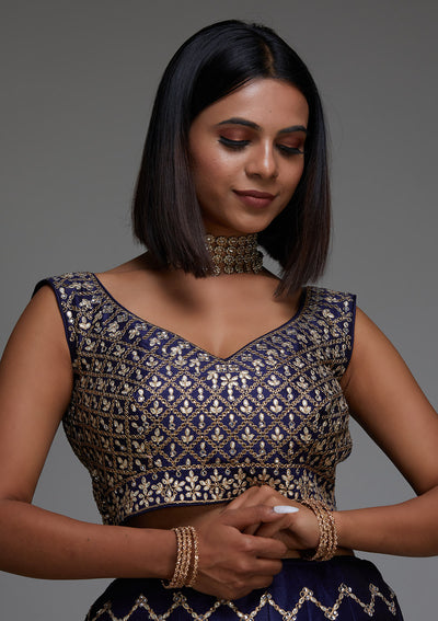 Navy Blue Gotapatti Raw Silk Designer Lehenga - Koskii