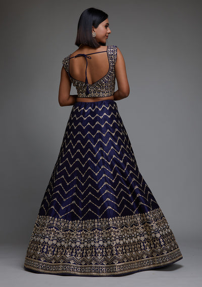 Navy Blue Gotapatti Raw Silk Designer Lehenga - Koskii