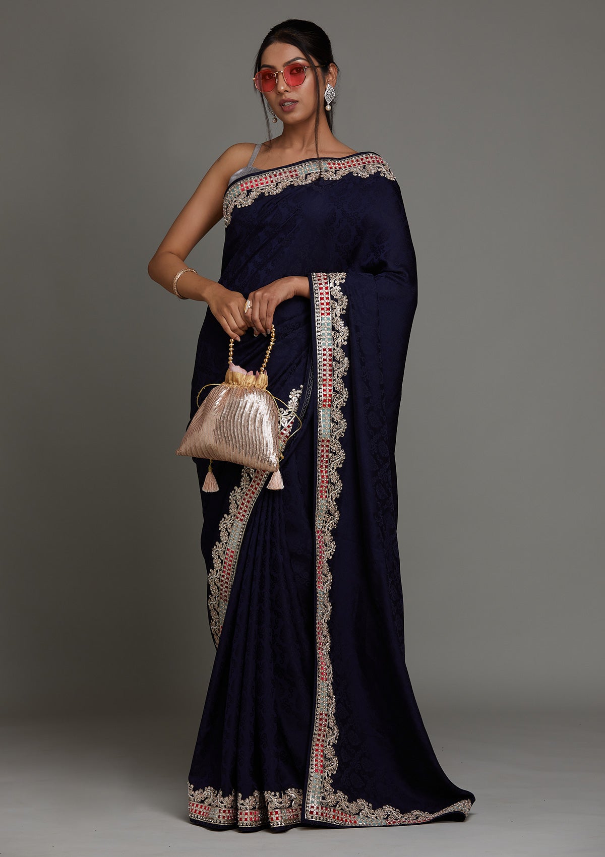 Navy Blue Gotapatti Semi Crepe Saree- Koskii