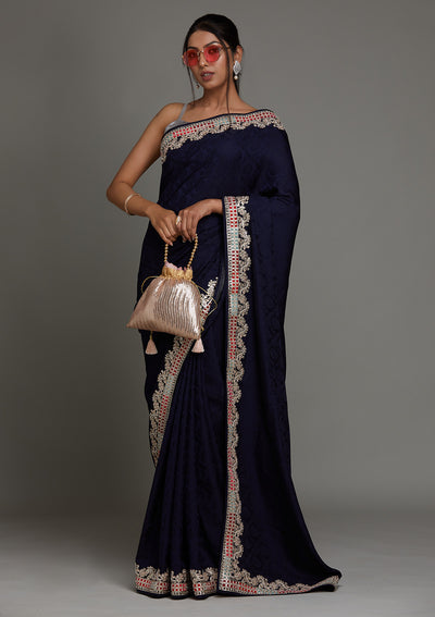 Navy Blue Gotapatti Semi Crepe Saree- Koskii