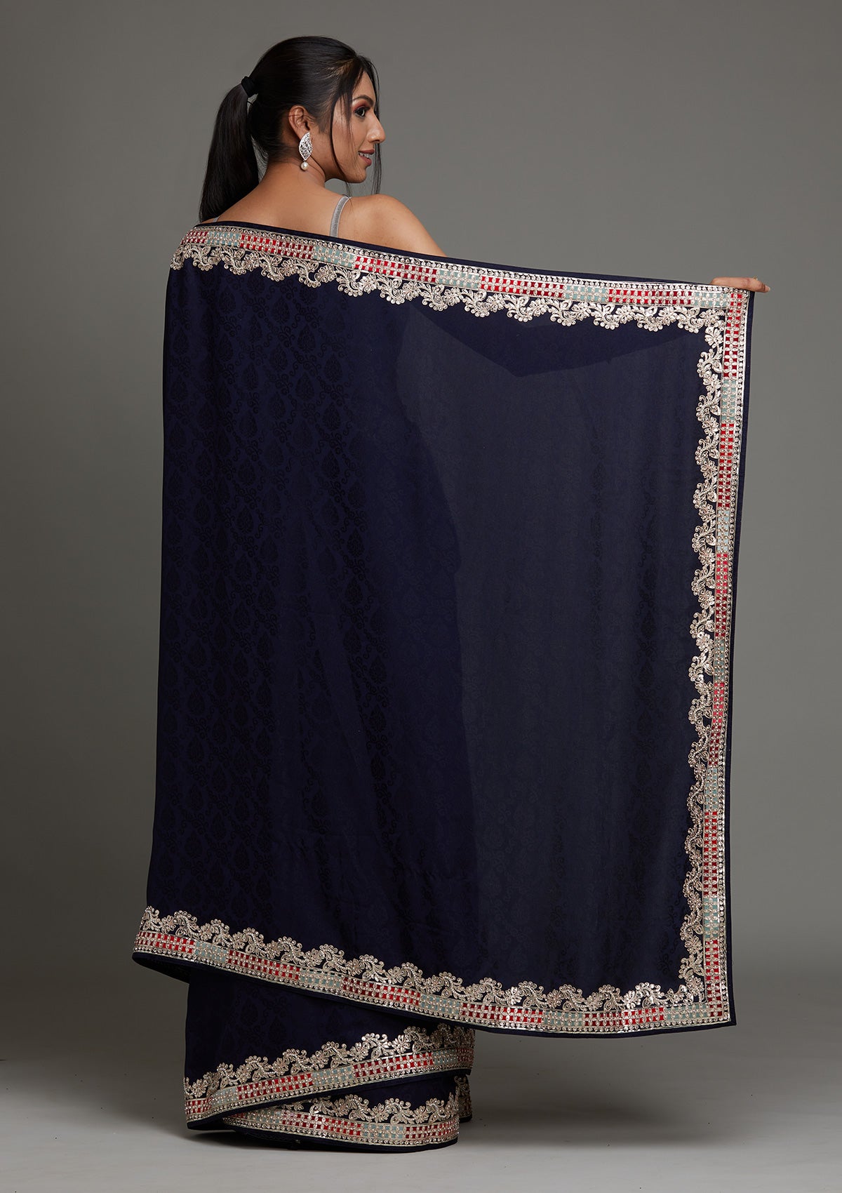 Navy Blue Gotapatti Semi Crepe Saree - Koskii