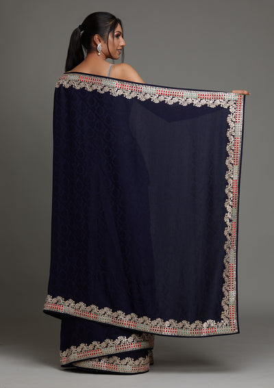 Navy Blue Gotapatti Semi Crepe Saree - Koskii