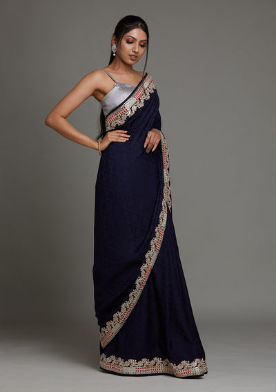 Navy Blue Gotapatti Semi Crepe Saree - Koskii