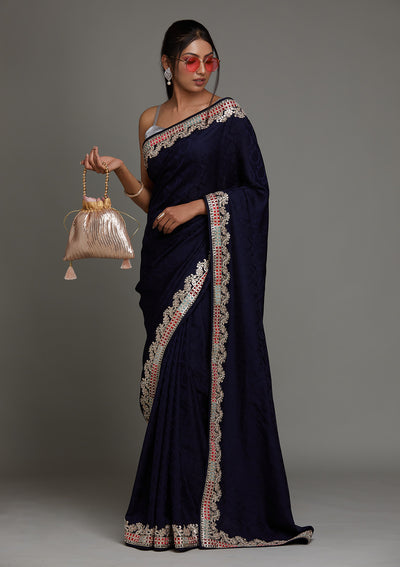 Navy Blue Gotapatti Semi Crepe Saree - Koskii