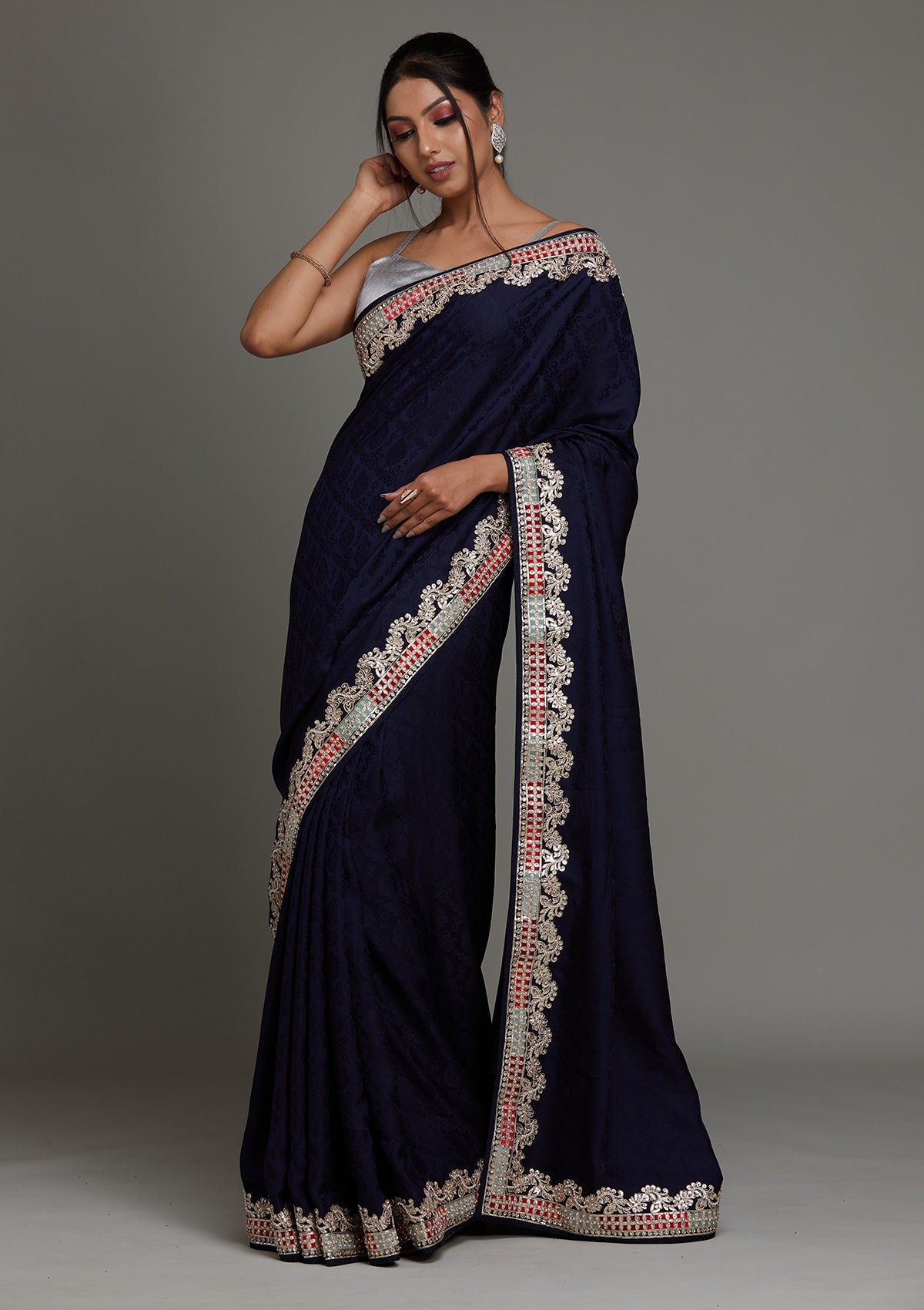 Navy Blue Gotapatti Semi Crepe Saree - Koskii