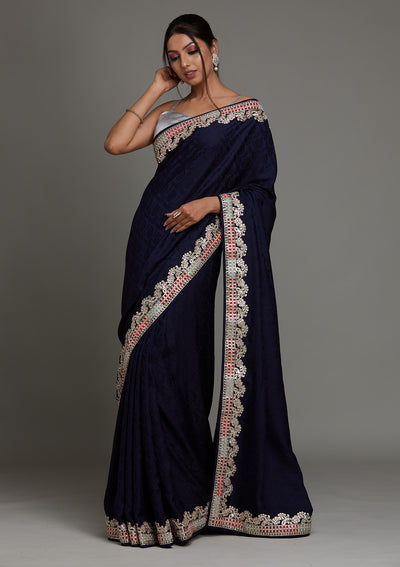 Navy Blue Gotapatti Semi Crepe Saree - Koskii