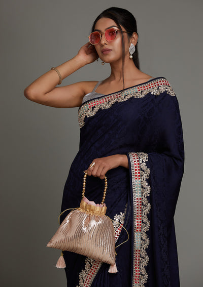 Navy Blue Gotapatti Semi Crepe Saree - Koskii